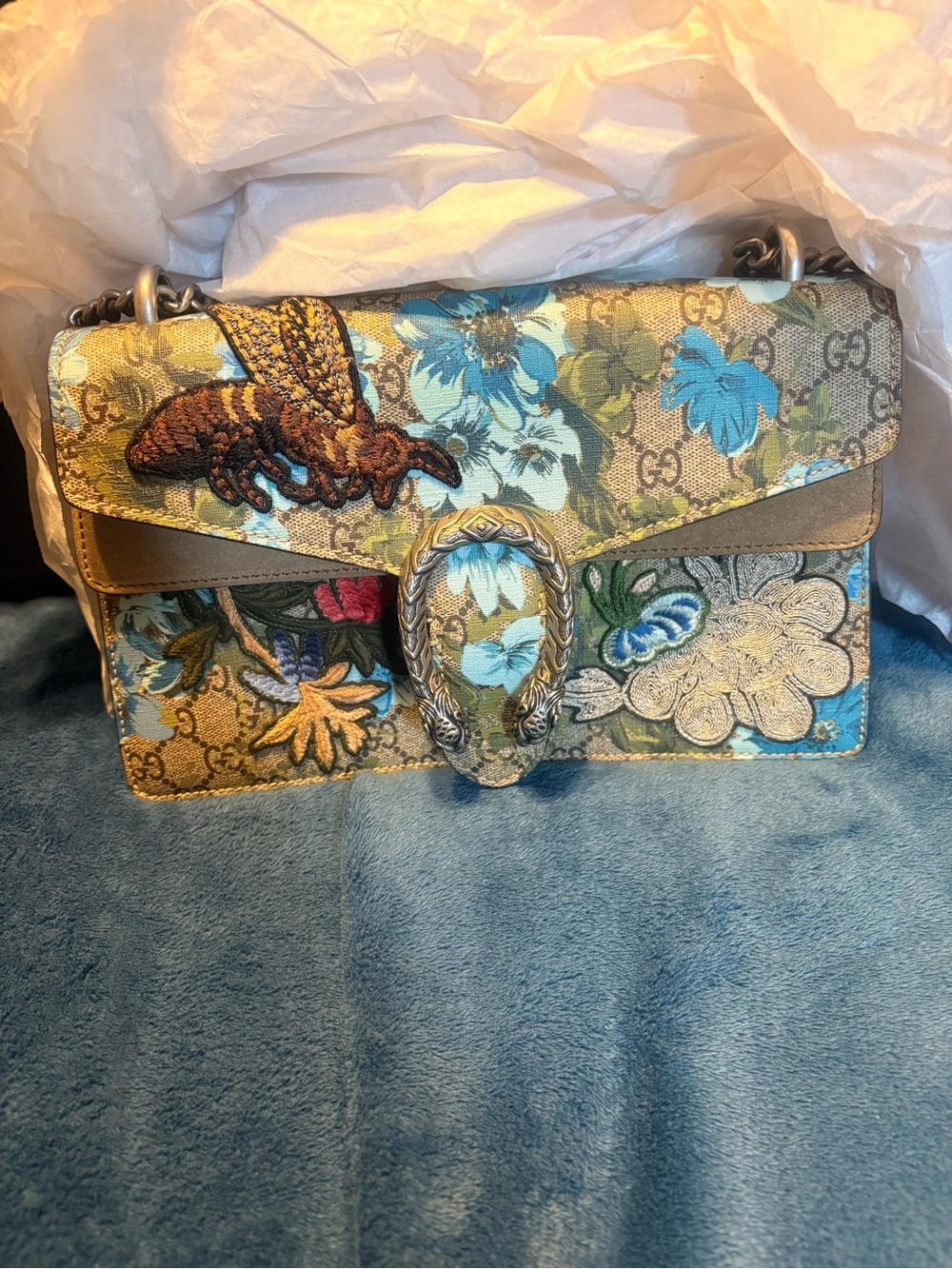 Gucci Floral Appliqué Shoulder Bag in Blue, Gold, Brown